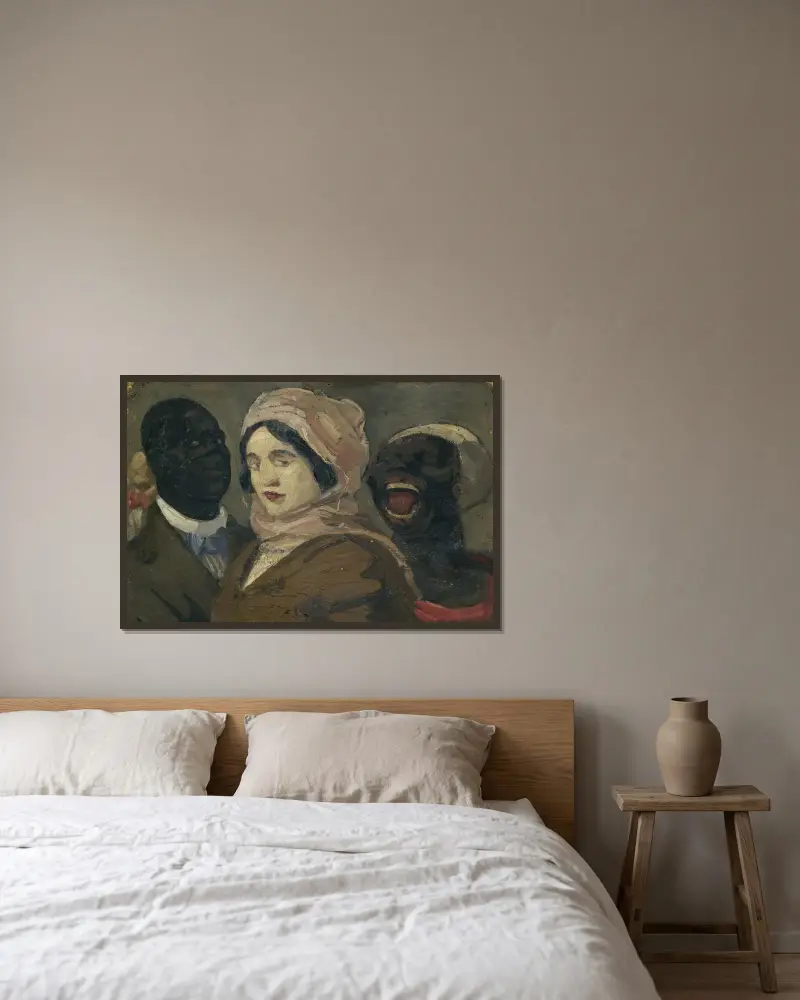 Portret van een vrouw en twee mannen. av Alfred Ost inramad på en vägg