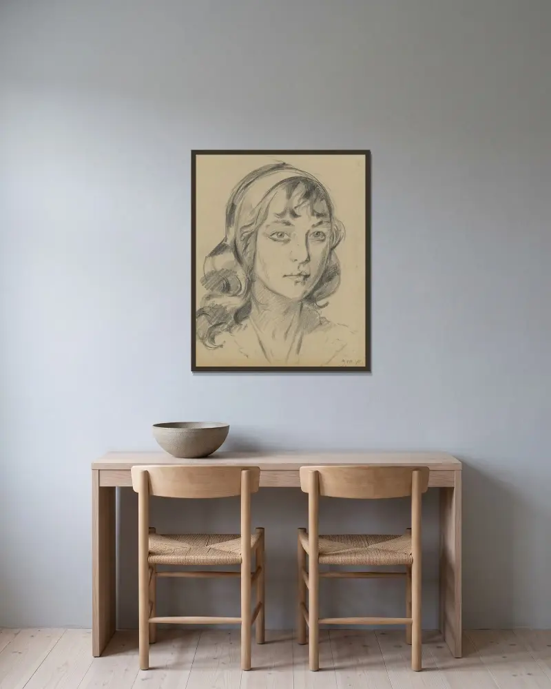 Porträttteckning av Angèle Hendrickx av Alfred Ost inramad på en vägg