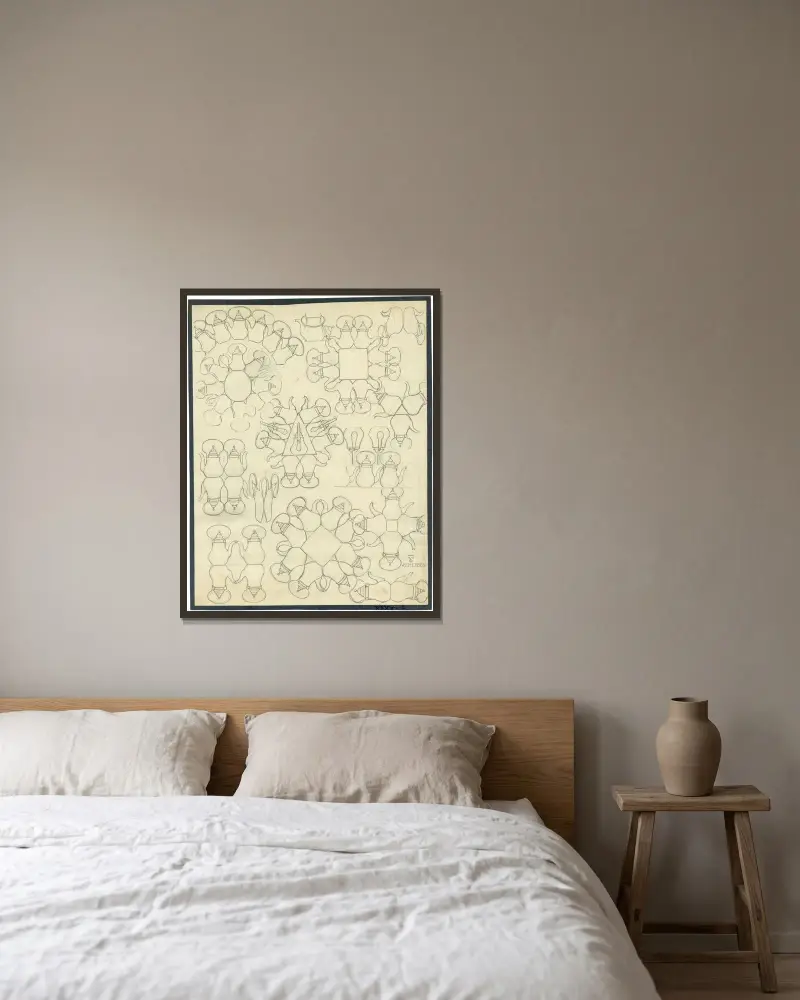 Skizzen von Wasserkesseln von Alfred Ost gerahmt an einer Wand