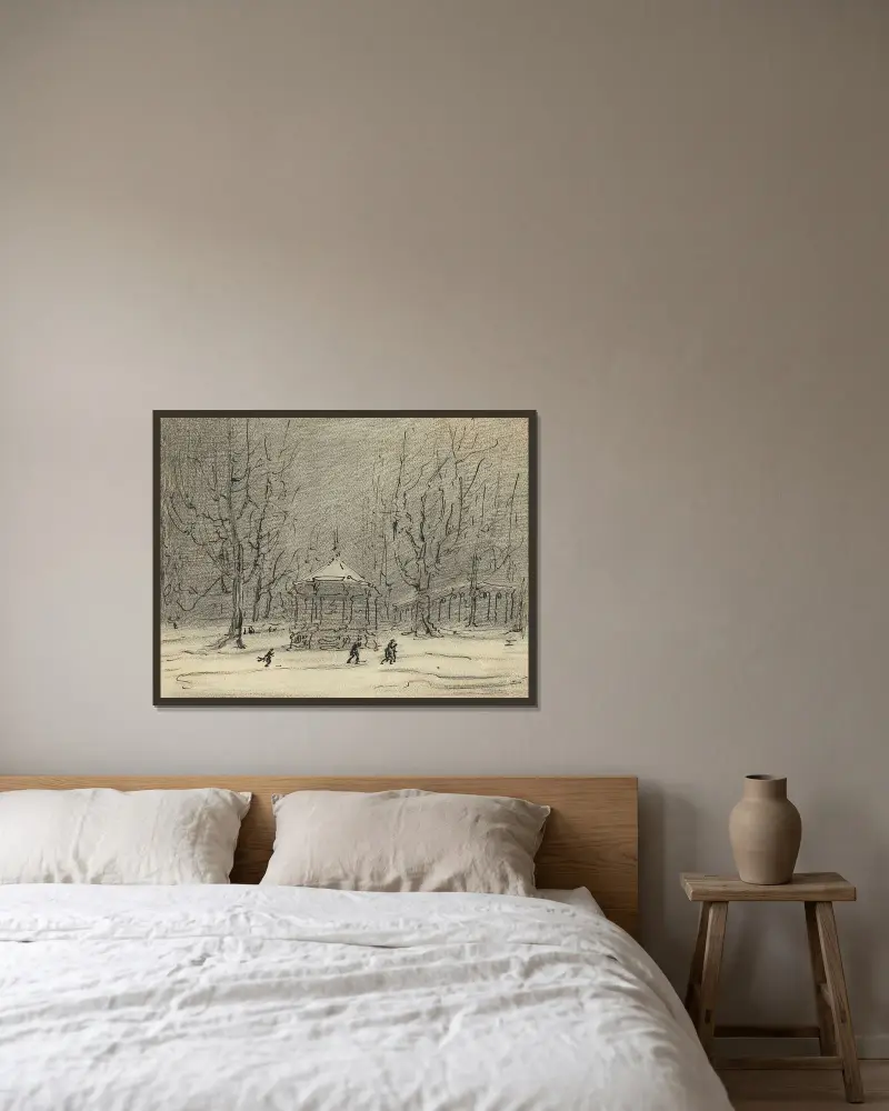 Snölandskap med kiosk av Alfred Ost inramad på en vägg