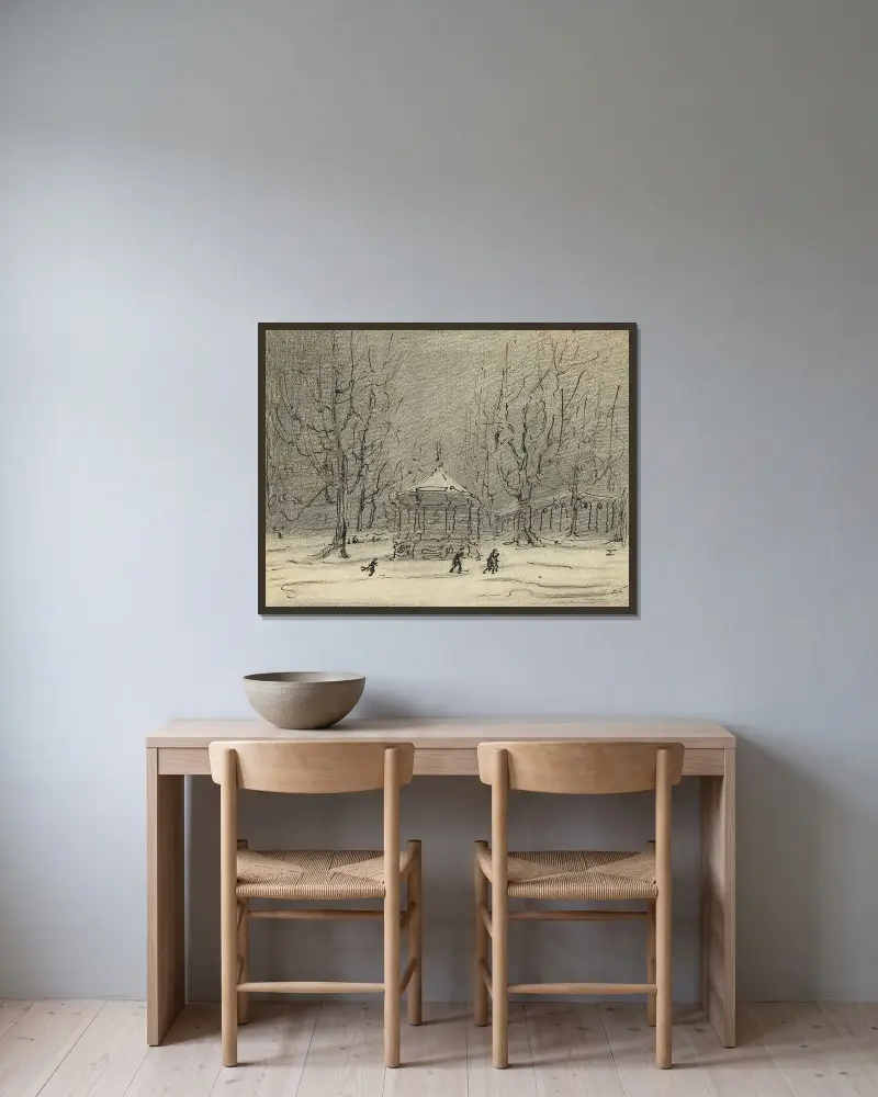 Snölandskap med kiosk av Alfred Ost inramad på en vägg