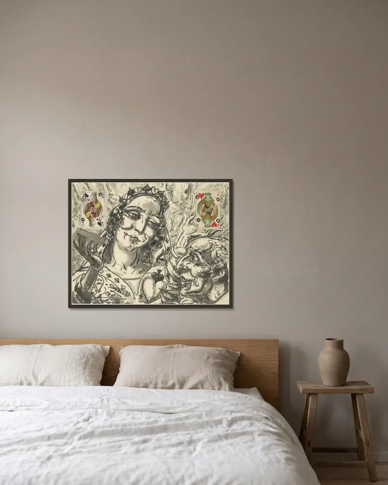 Spelkortsillustration: spader dam och hjärter knekt av Alfred Ost inramad på en vägg