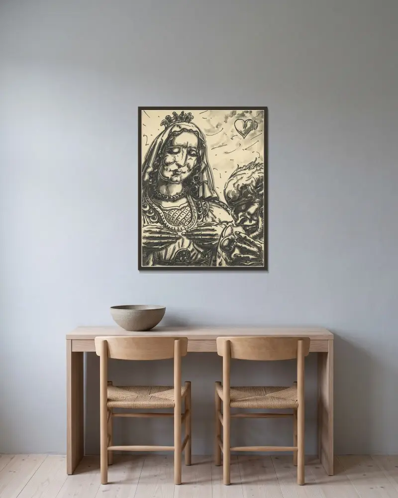 Spelkortsdesign Hjärterdam av Alfred Ost inramad på en vägg