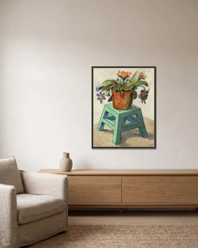 Stoel met Vaas en Bloemen av Alfred Ost inramad på en vägg