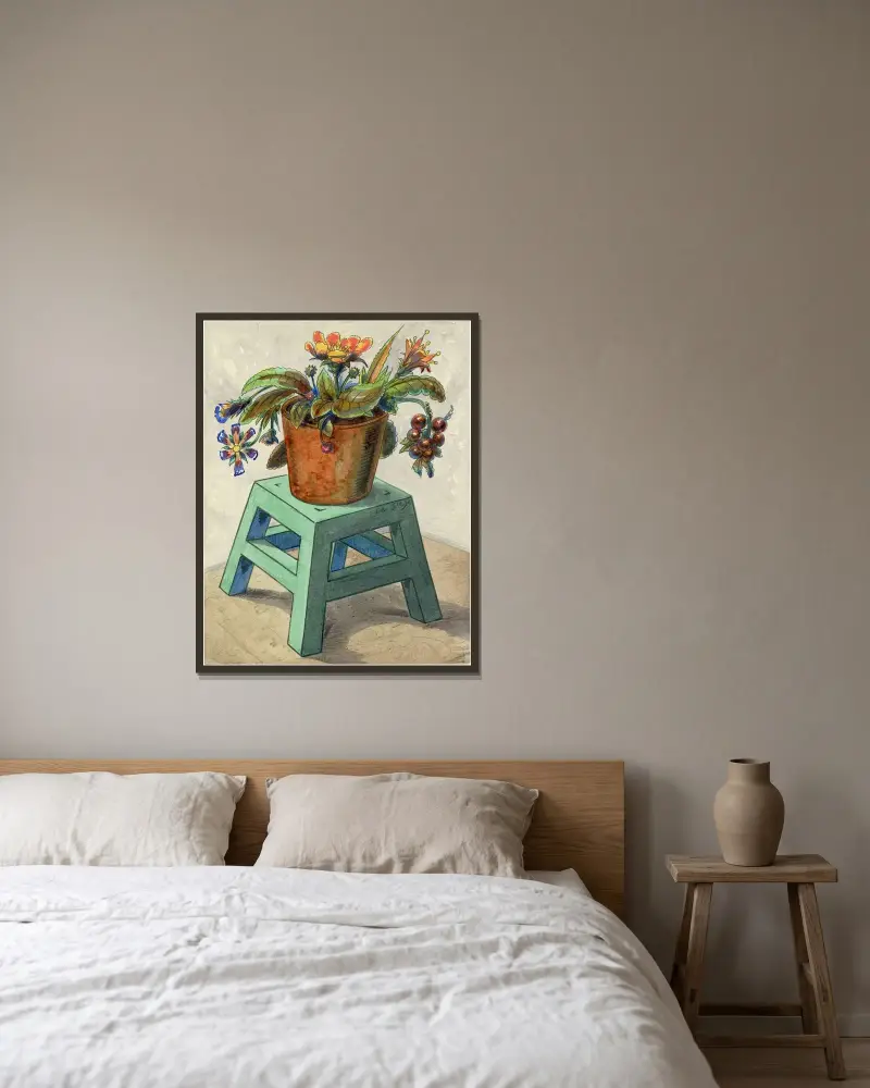Stoel met Vaas en Bloemen av Alfred Ost inramad på en vägg