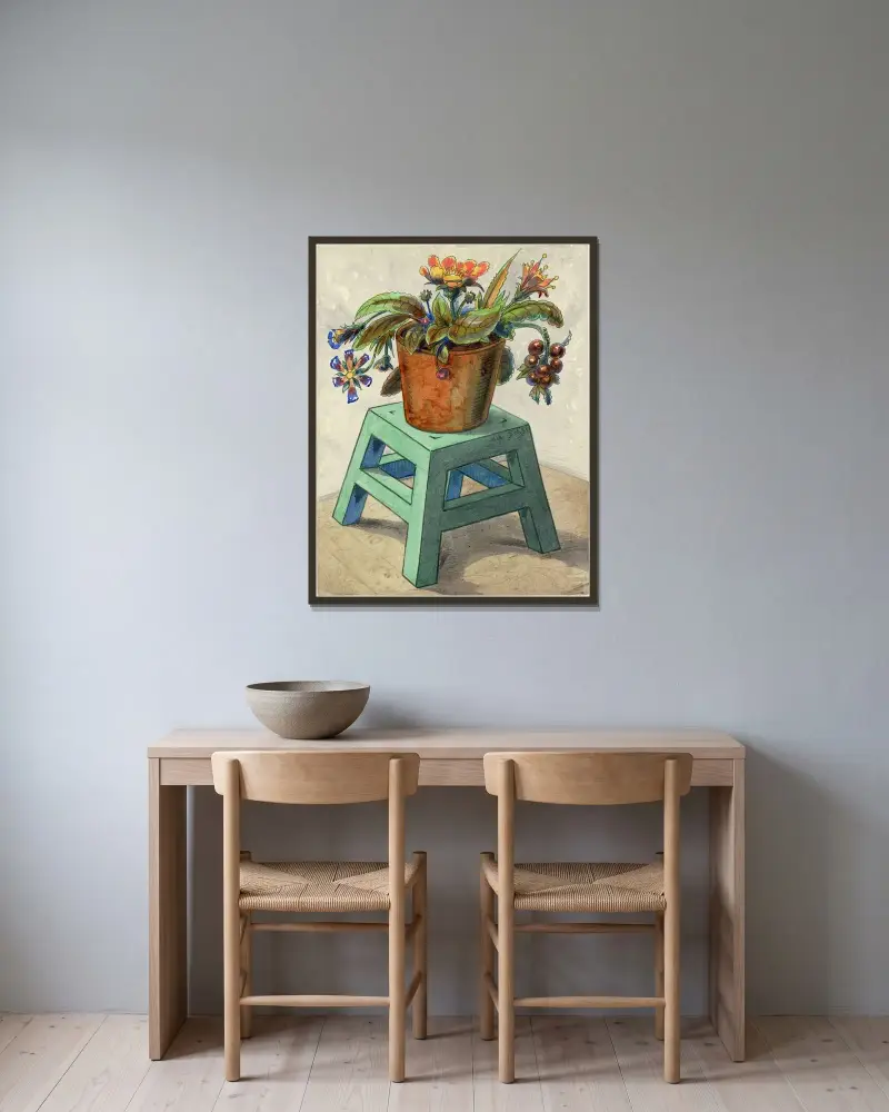 Stoel met Vaas en Bloemen av Alfred Ost inramad på en vägg