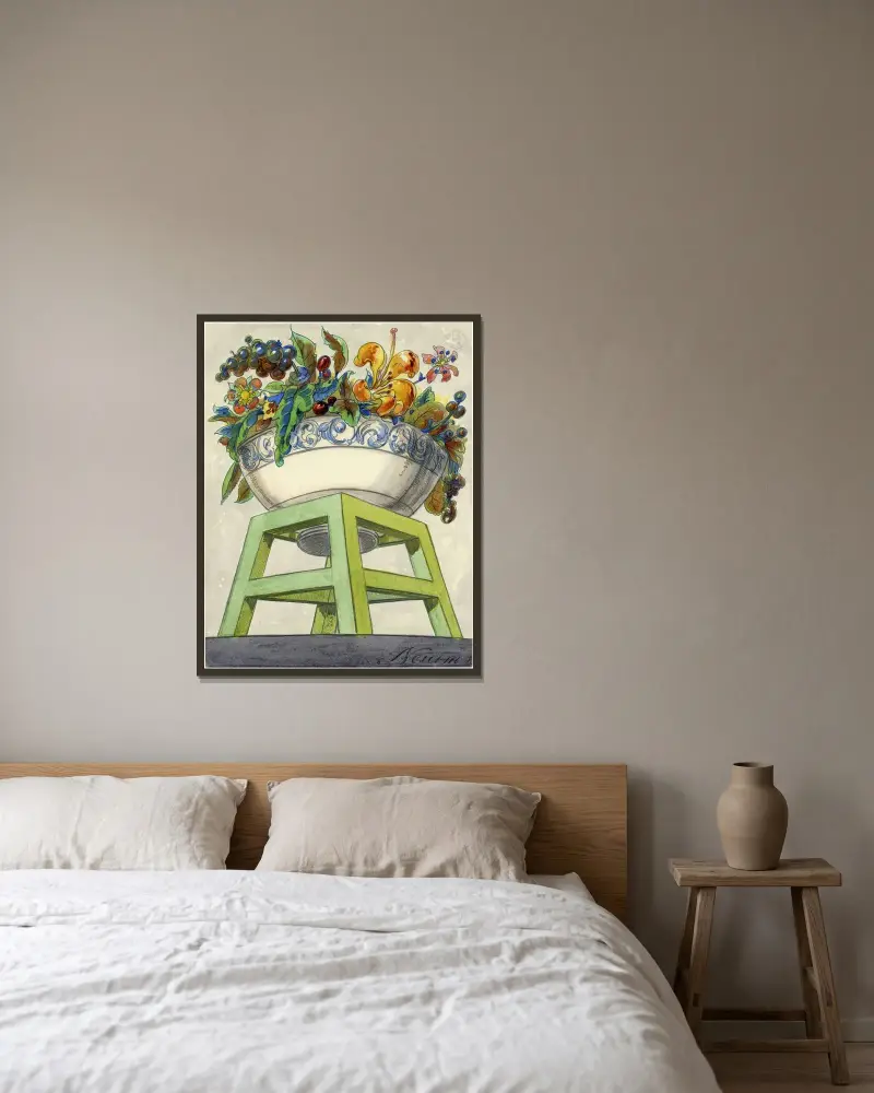 Stoel met Vaas en Bloemen av Alfred Ost inramad på en vägg