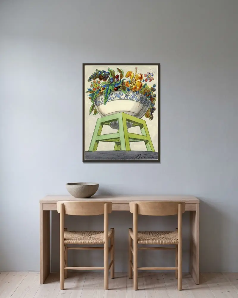 Stoel met Vaas en Bloemen av Alfred Ost inramad på en vägg