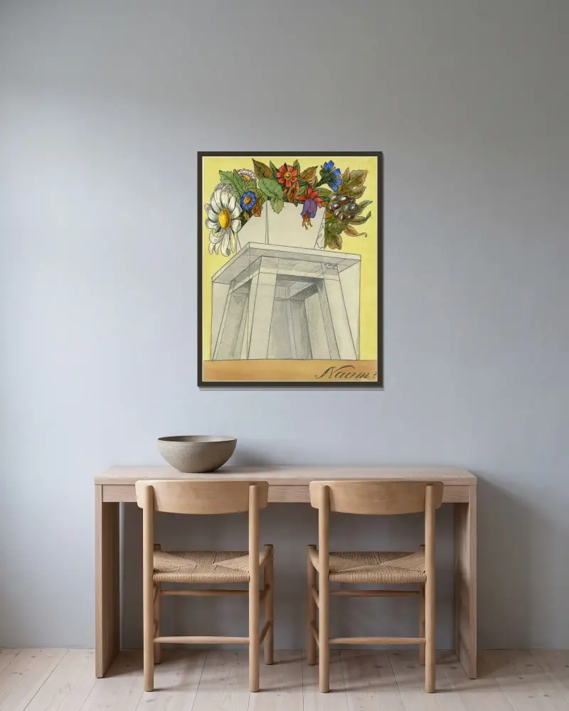Stol med vas och blommor av Alfred Ost inramad på en vägg