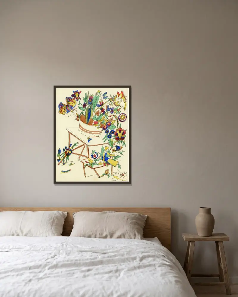 Stol med vas och blommor och spindel av Alfred Ost inramad på en vägg