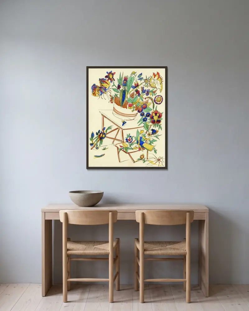 Stol med vas och blommor och spindel av Alfred Ost inramad på en vägg