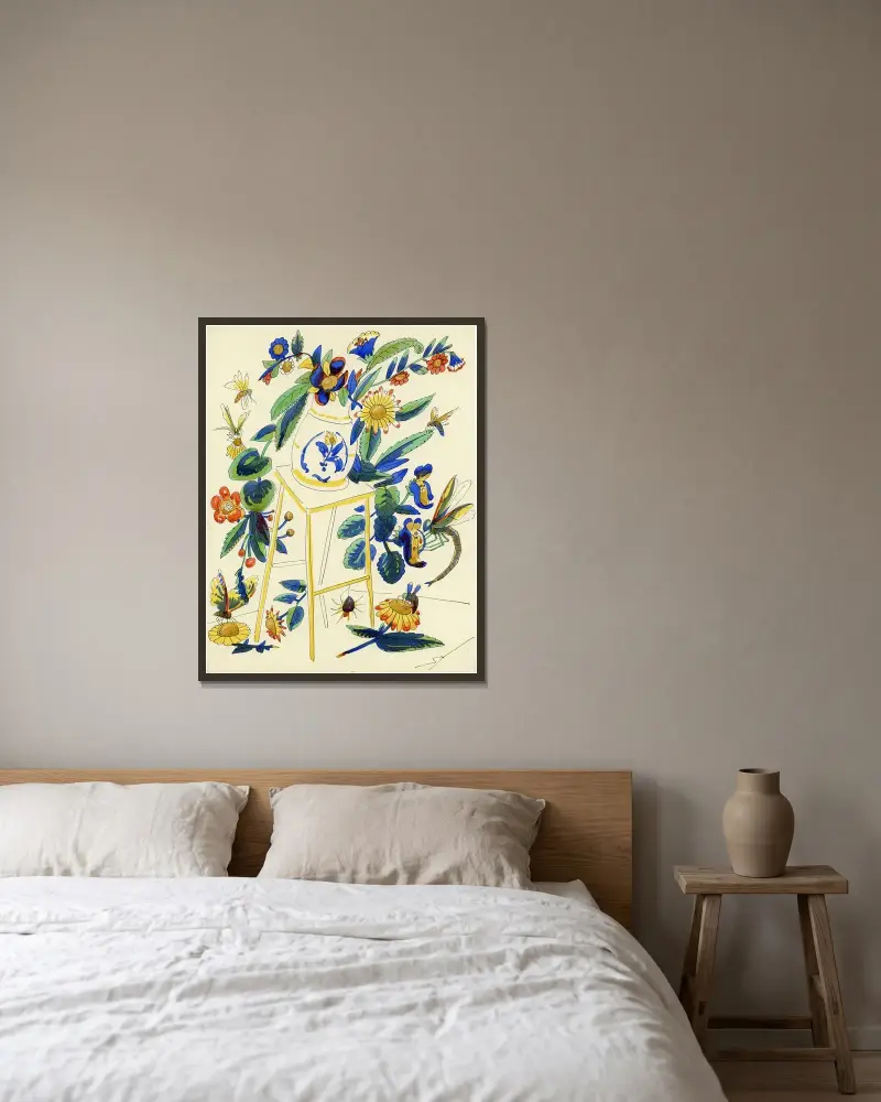 Stol med vas och blommor av Alfred Ost inramad på en vägg