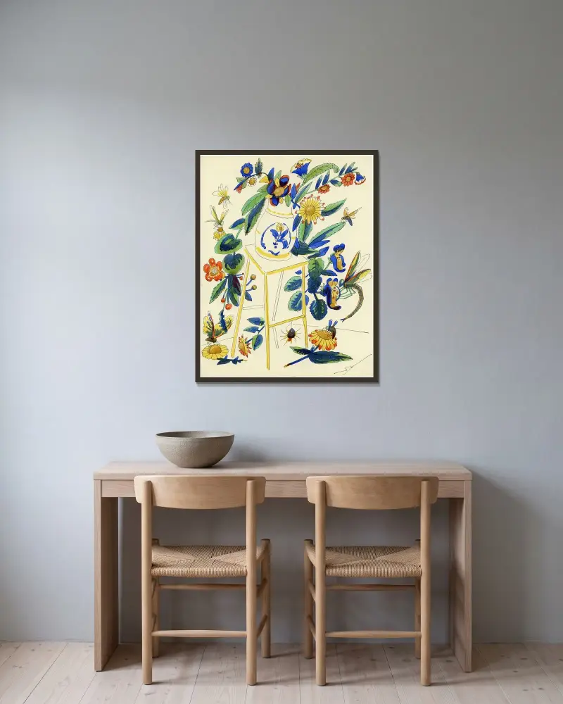 Stol med vas och blommor av Alfred Ost inramad på en vägg