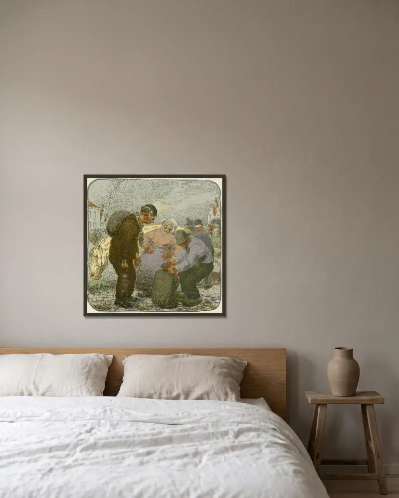 Twee boeren en boerin met jutten zakken av Alfred Ost inramad på en vägg