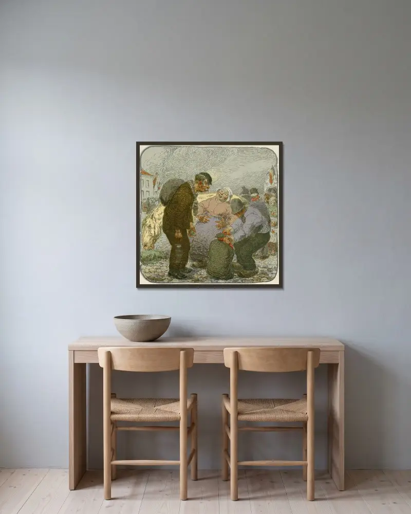 Twee boeren en boerin met jutten zakken av Alfred Ost inramad på en vägg