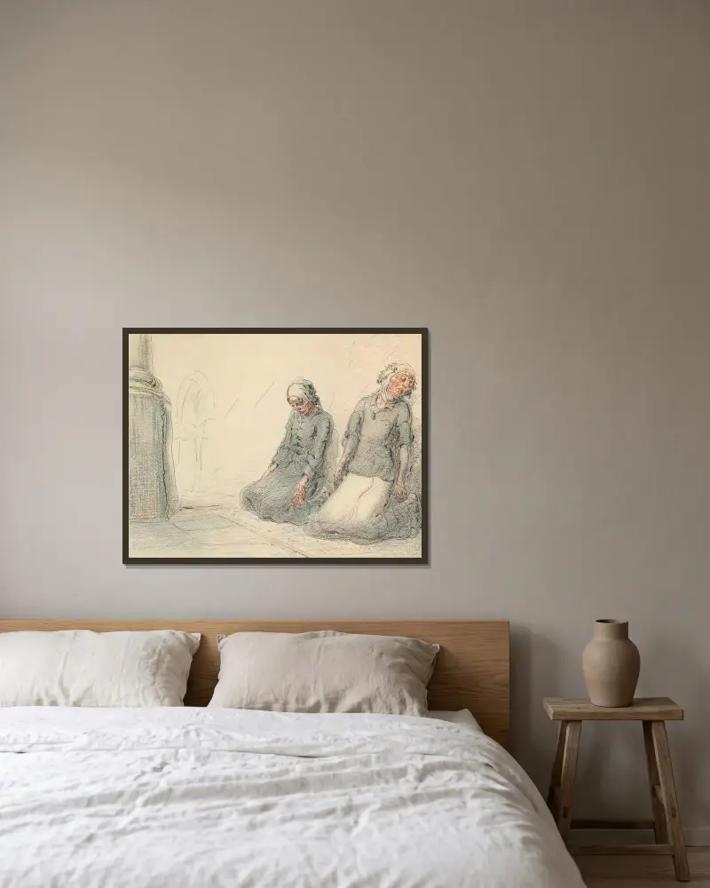 Två knäböjande kvinnor i en kyrka av Alfred Ost inramad på en vägg