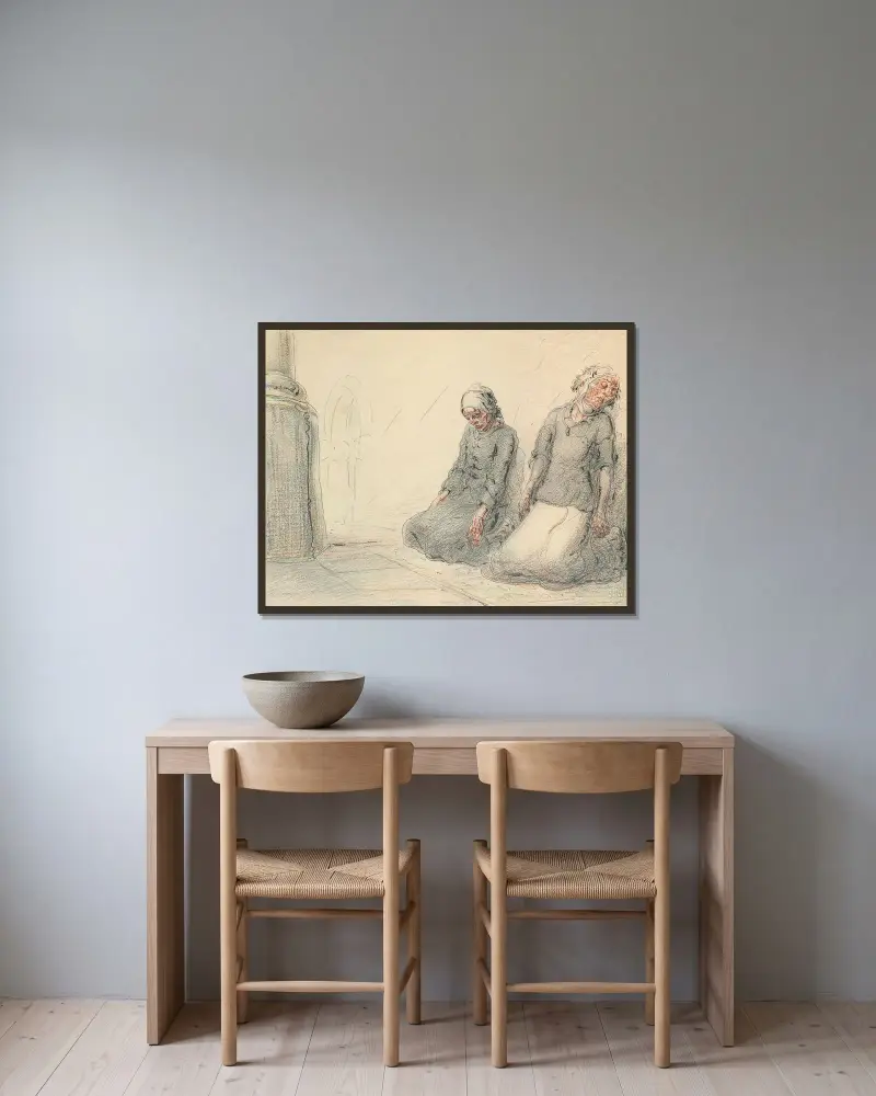 Två knäböjande kvinnor i en kyrka av Alfred Ost inramad på en vägg