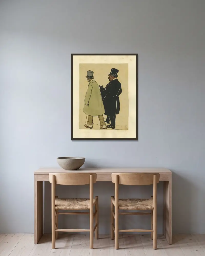 Två herrar med buishatt av Alfred Ost inramad på en vägg