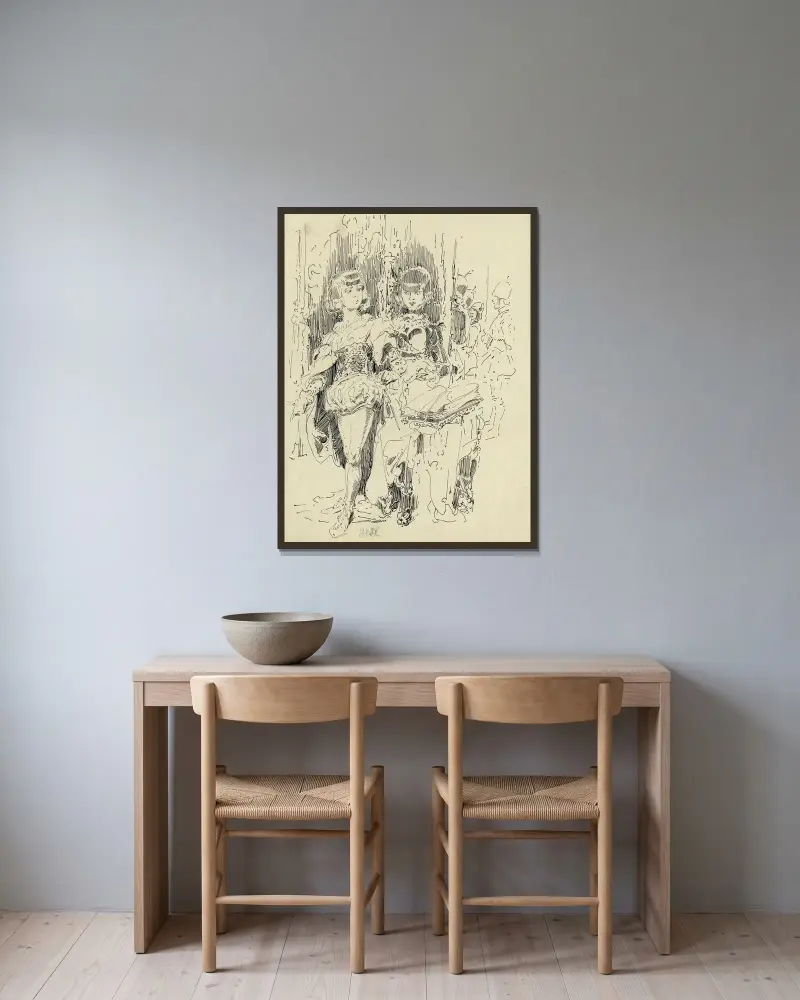 Två barn i pagekostymer av Alfred Ost inramad på en vägg