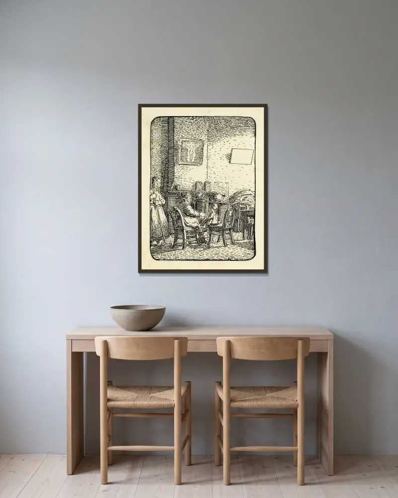 Två kvinnor och ett barn vid kaminen av Alfred Ost inramad på en vägg