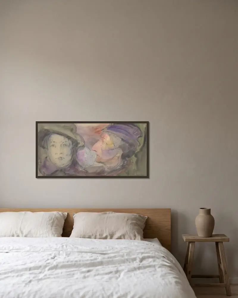 Fyra kvinnor med hatt av Alfred Ost inramad på en vägg