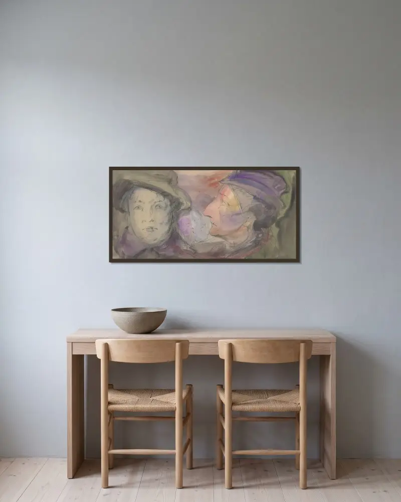 Fyra kvinnor med hatt av Alfred Ost inramad på en vägg