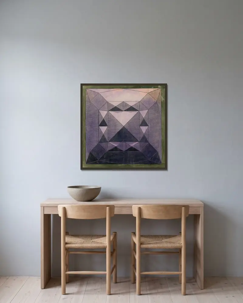 Kvadrat med åttahörning, rektanglar och trianglar av Alfred Ost inramad på en vägg