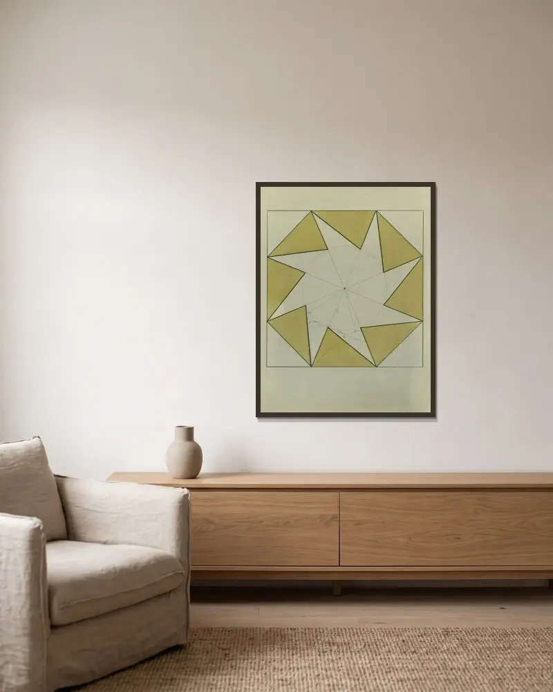 Kvadrat med trianglar och cirkel av Alfred Ost inramad på en vägg