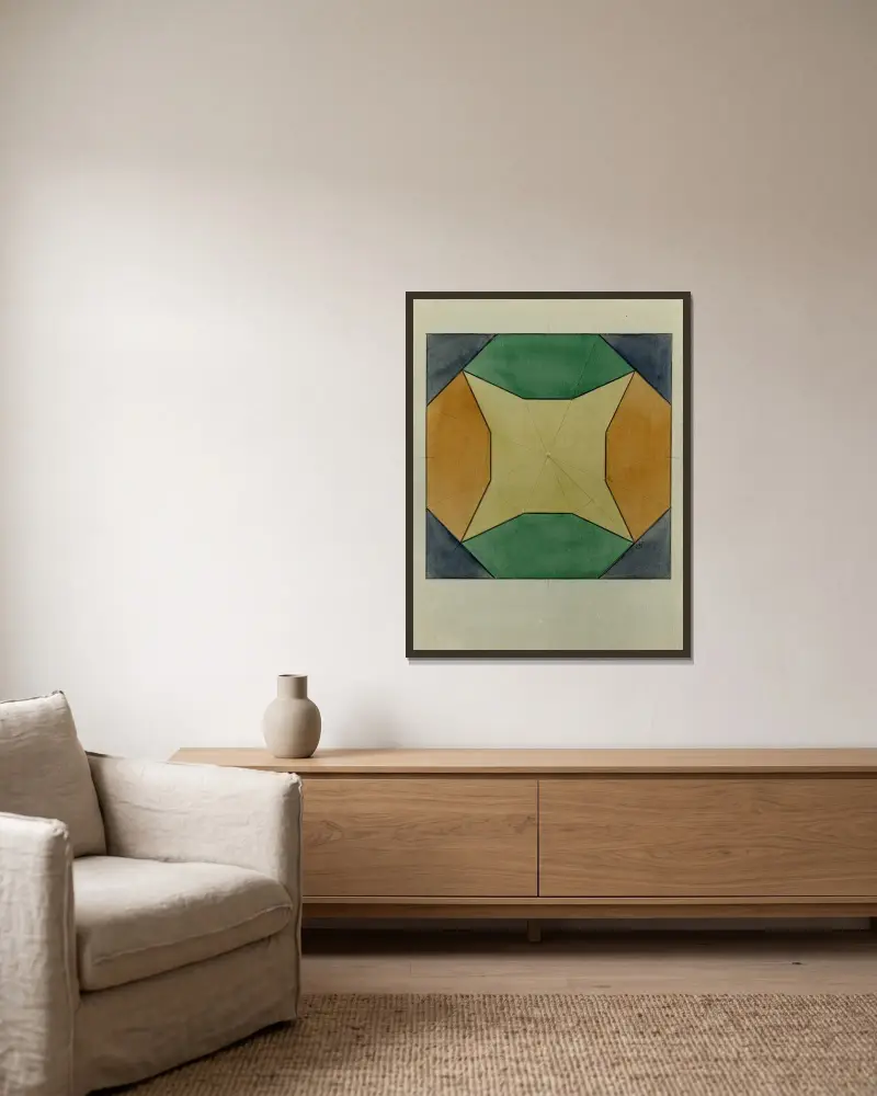 Kvadrat med trianglar och cirkel av Alfred Ost inramad på en vägg