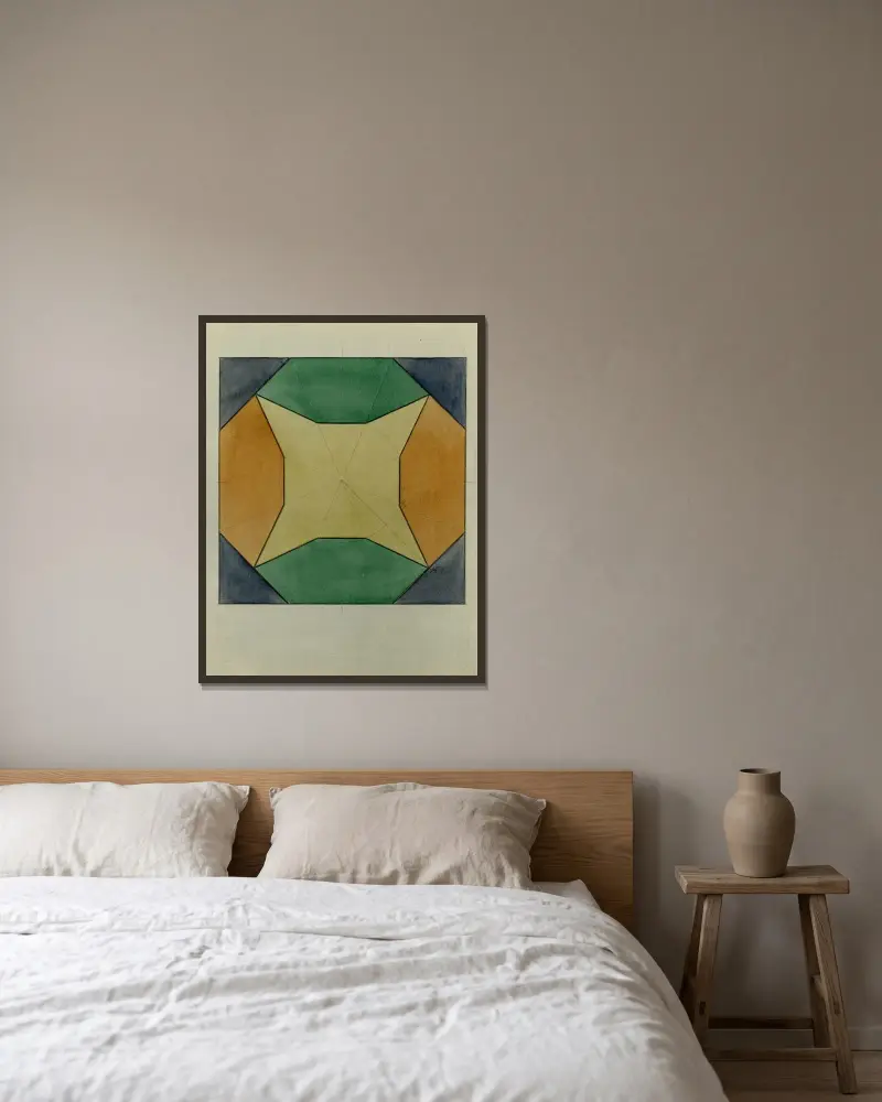 Kvadrat med trianglar och cirkel av Alfred Ost inramad på en vägg