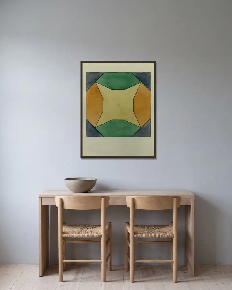 Kvadrat med trianglar och cirkel av Alfred Ost inramad på en vägg