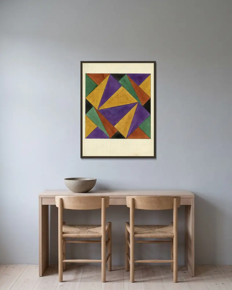 Kvadrat med trianglar av Alfred Ost inramad på en vägg