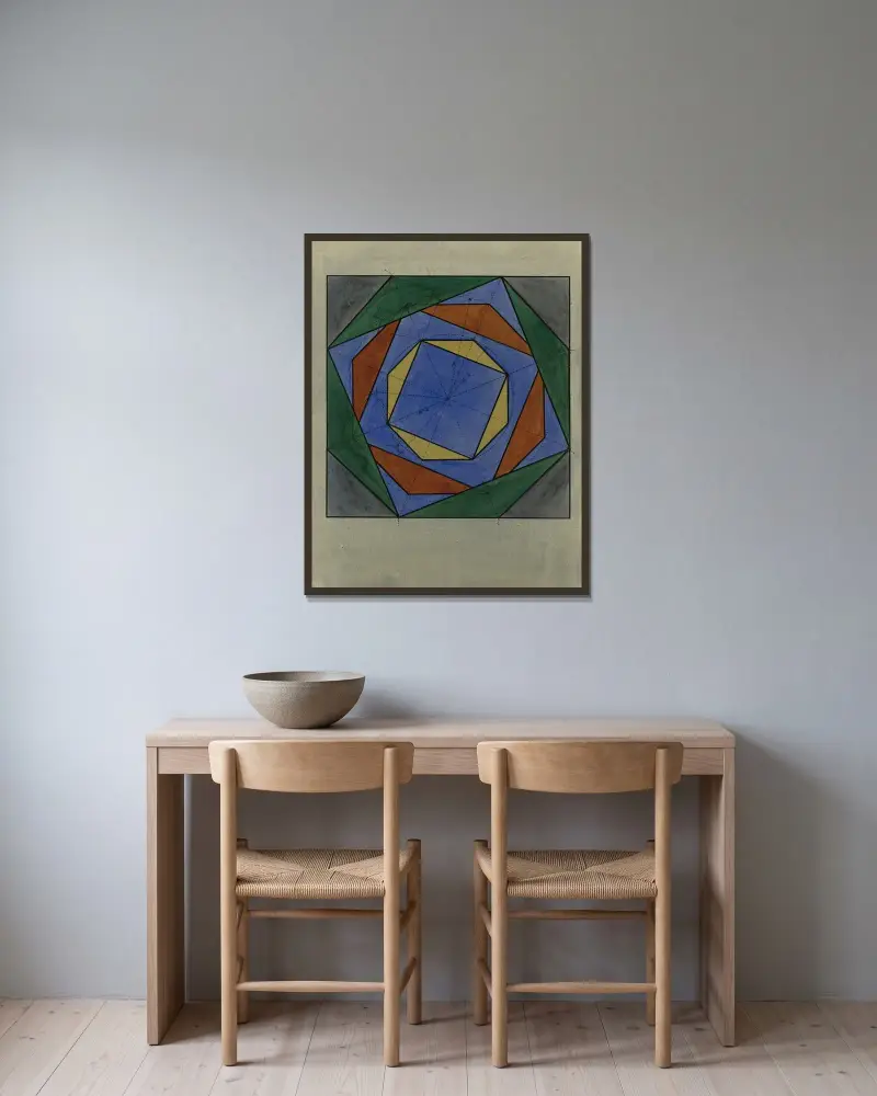 Kvadrat med rutmönster och oktagon av Alfred Ost inramad på en vägg