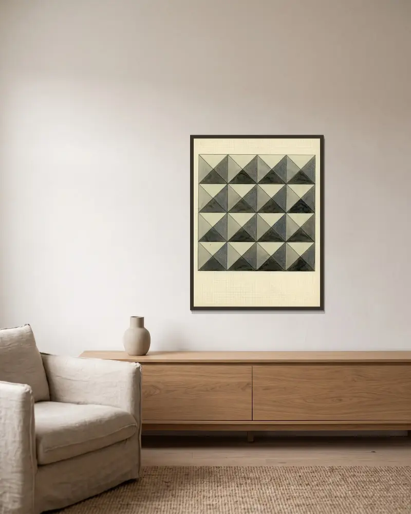 Fyrkant och trianglar i kvadrat av Alfred Ost inramad på en vägg
