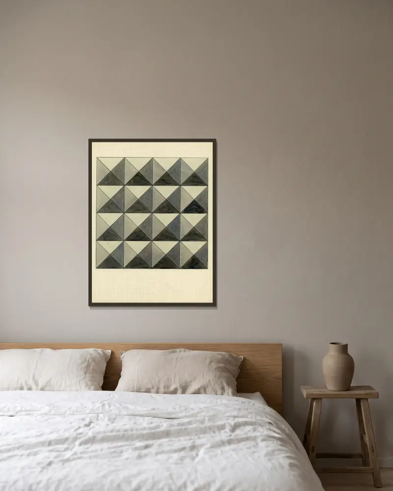 Fyrkant och trianglar i kvadrat av Alfred Ost inramad på en vägg