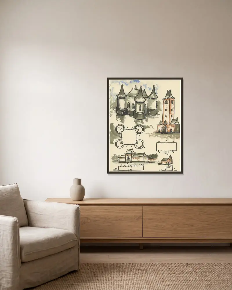 Vogelperspectief en plattegrond van herenhoeve en kasteel en belfort. av Alfred Ost inramad på en vägg