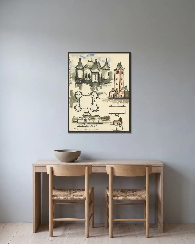 Vogelperspectief en plattegrond van herenhoeve en kasteel en belfort. av Alfred Ost inramad på en vägg