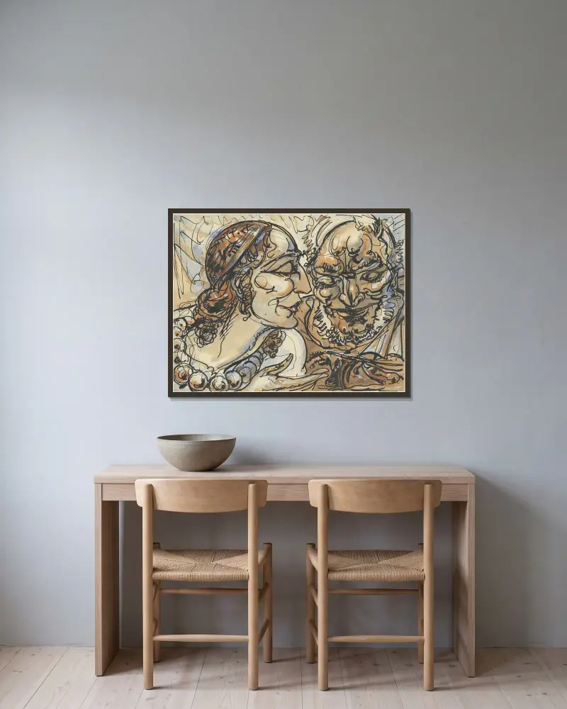 Porträtt av kvinna och man av Alfred Ost inramad på en vägg