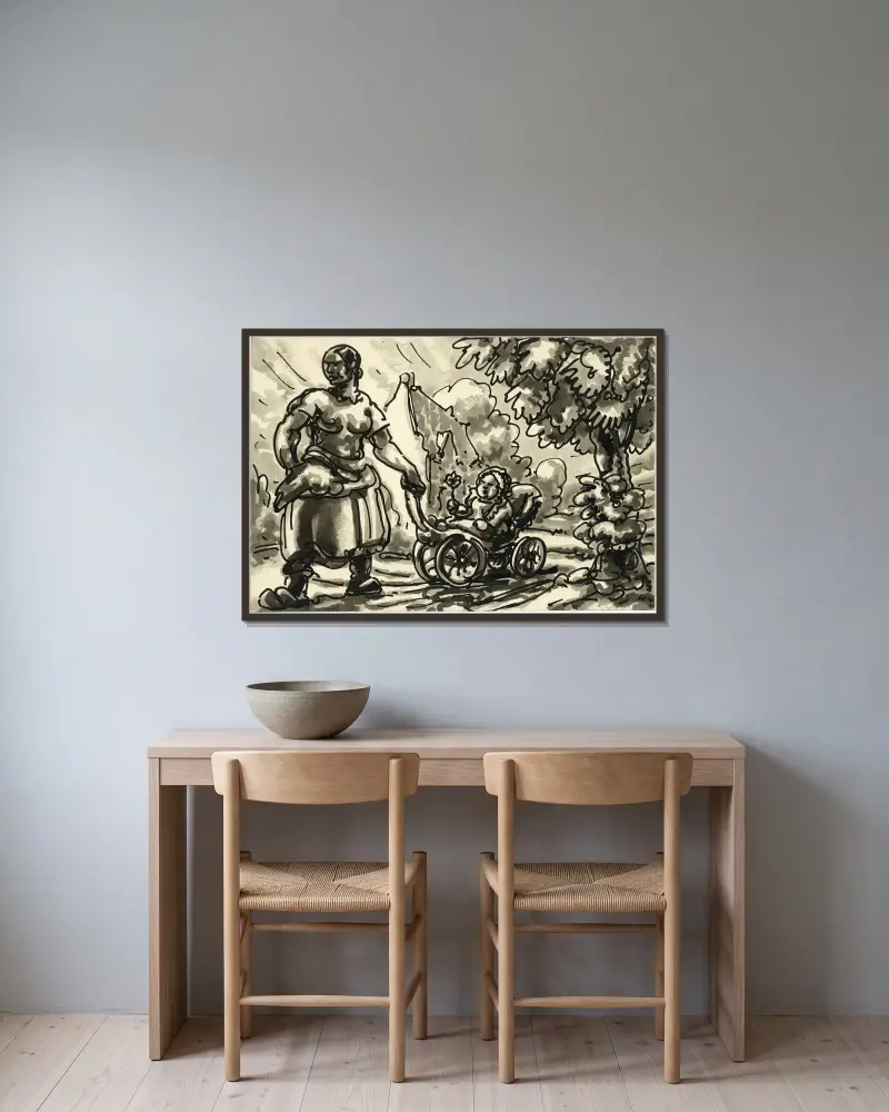 Vrouw met kinderwagen av Alfred Ost inramad på en vägg
