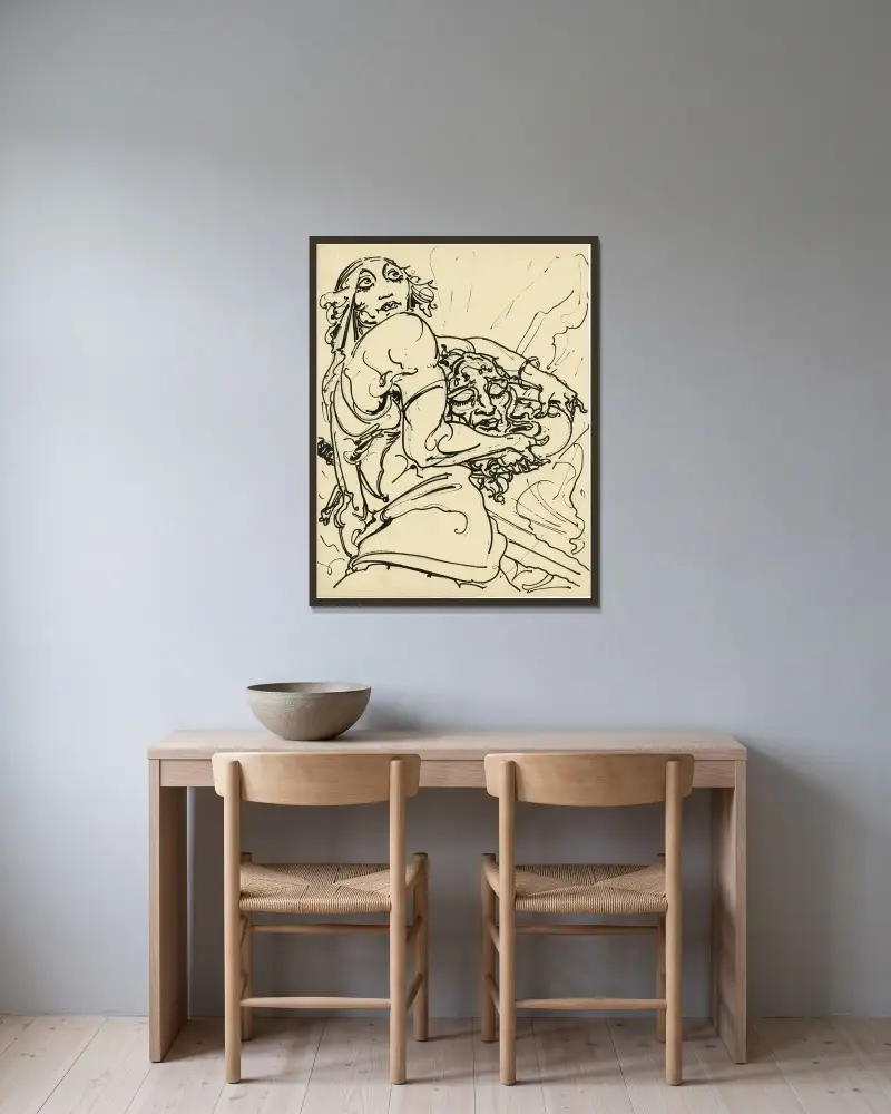 Vrouwenfiguur houdt hoofd vast av Alfred Ost inramad på en vägg