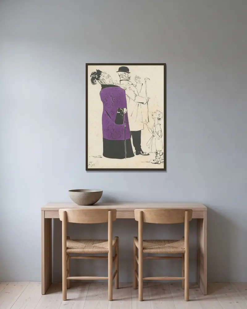 Vandrande par med tiggande barn av Alfred Ost inramad på en vägg