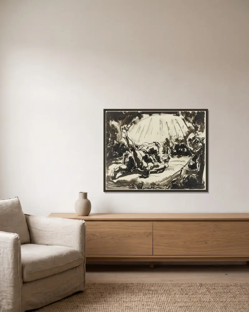 Die Ringer von Alfred Ost gerahmt an einer Wand