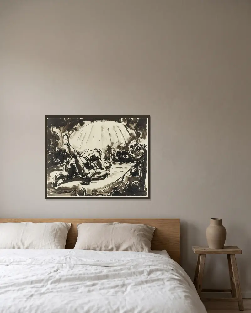 Die Ringer von Alfred Ost gerahmt an einer Wand