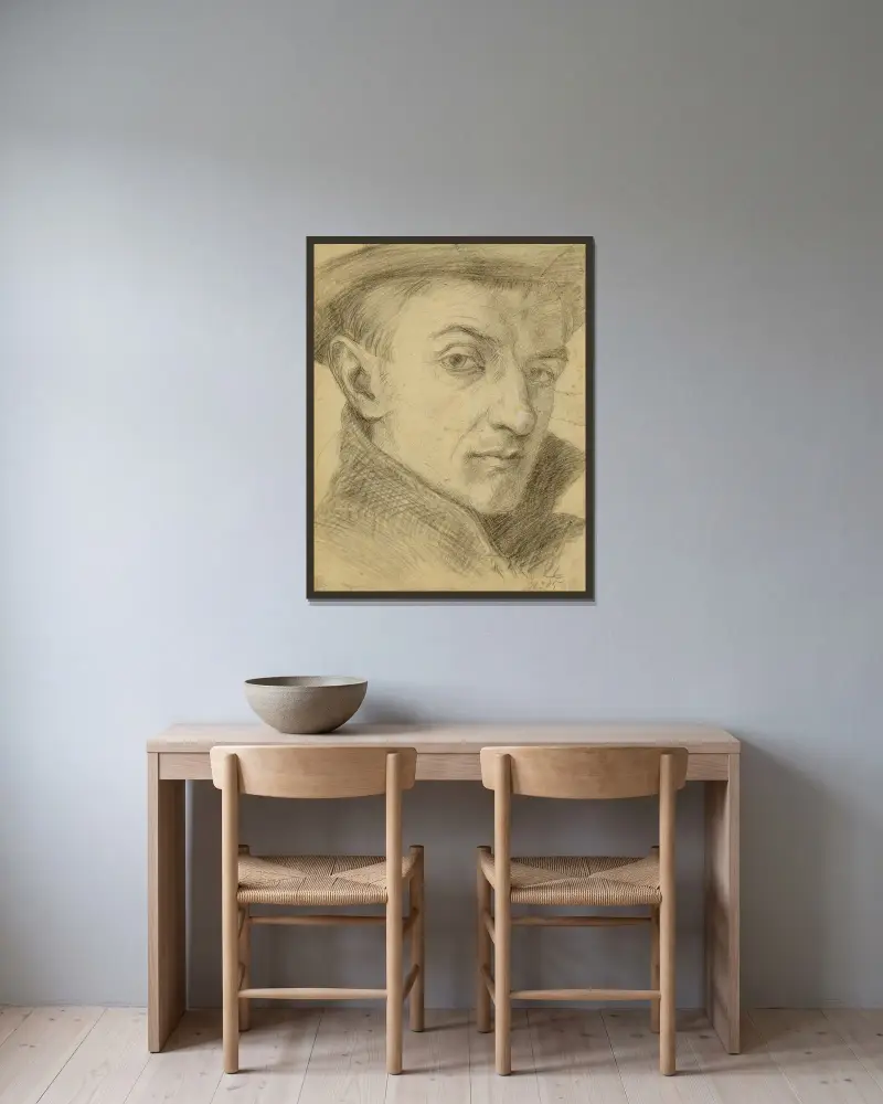 Självporträtt av Alfred Ost inramad på en vägg