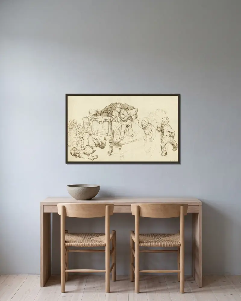 Zeven Arbeiders met karrewagen en natiepaard av Alfred Ost inramad på en vägg