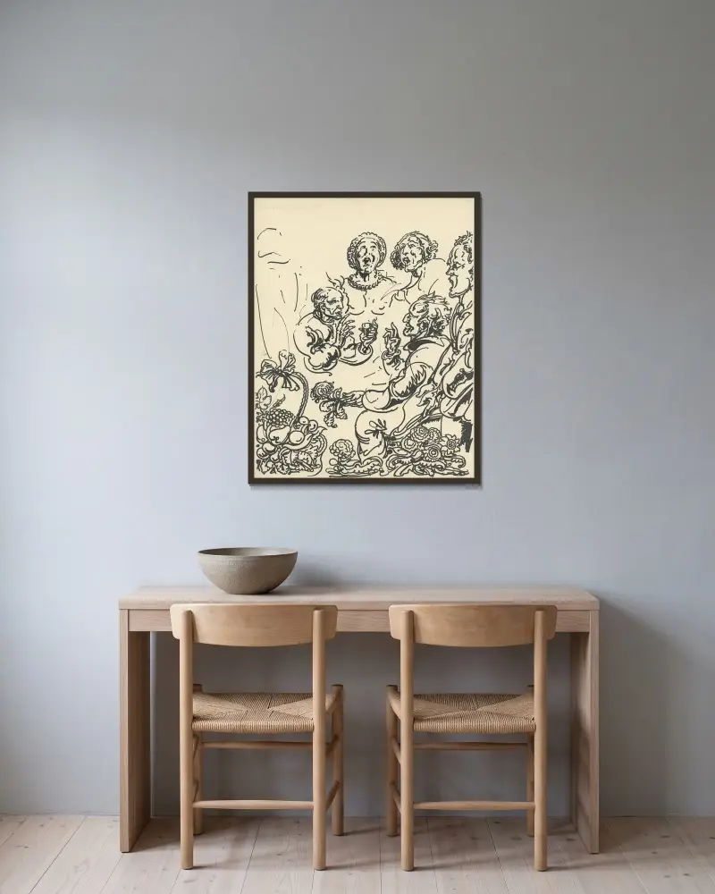 Sjungande och drickande sällskap av Alfred Ost inramad på en vägg