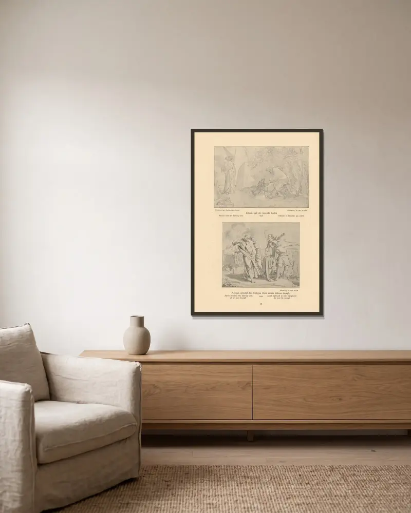 Bileam und die sprechende Eselin, Jakob erblickt das blutige Gewand seines Sohnes Joseph von Alfred Rethel gerahmt an einer Wand