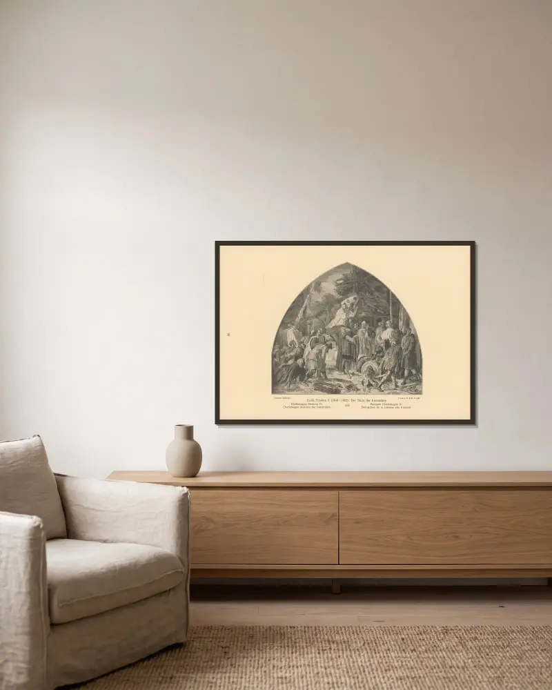 Karl der Große Fresken II; Karl der Große zerstört die Irmensäule von Alfred Rethel gerahmt an einer Wand