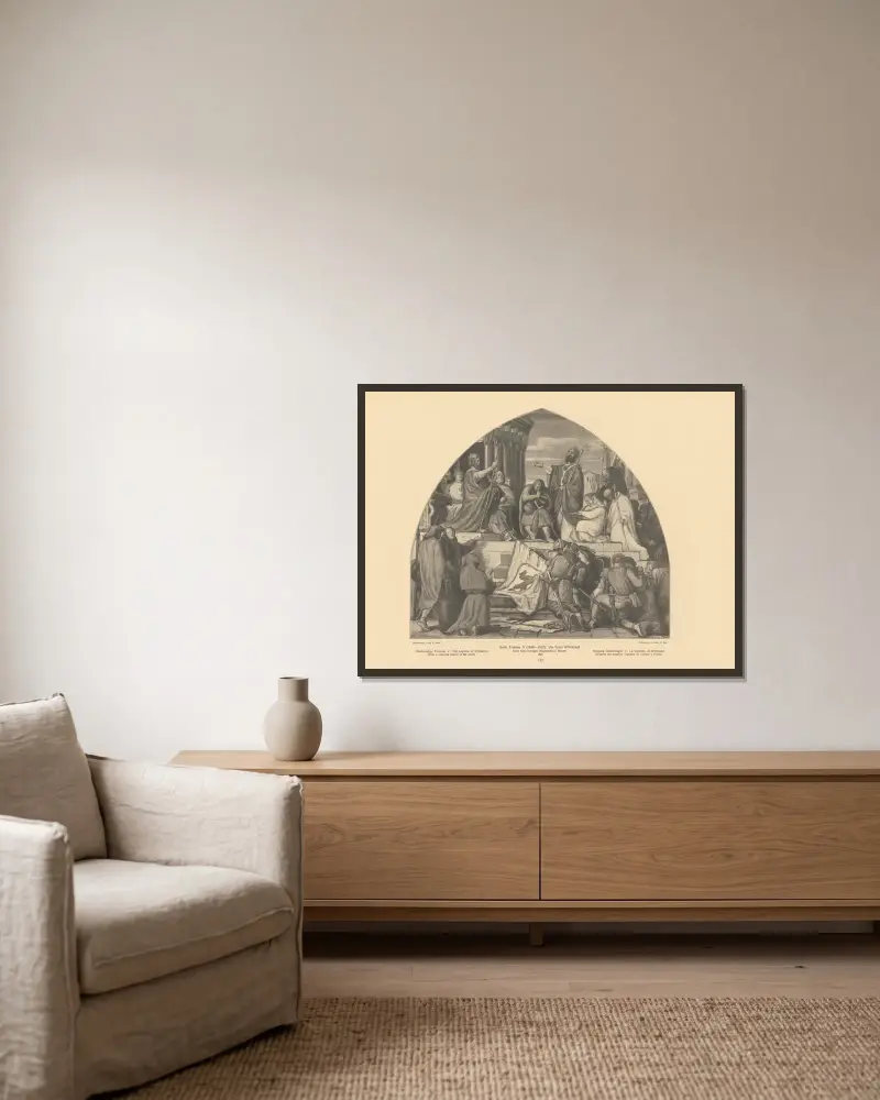 Charlemagne Frescoes V; The baptism of Wittekind av Alfred Rethel inramad på en vägg
