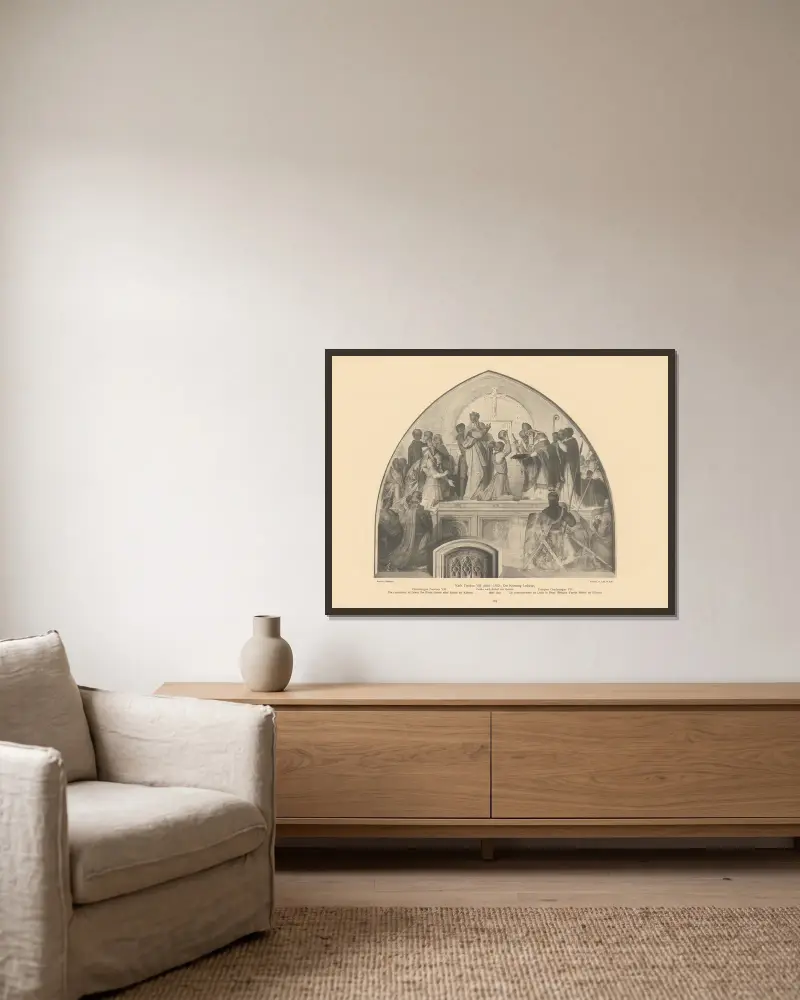 Karl den stores fresker VIII; Ludvig den frommes kröning av Alfred Rethel inramad på en vägg